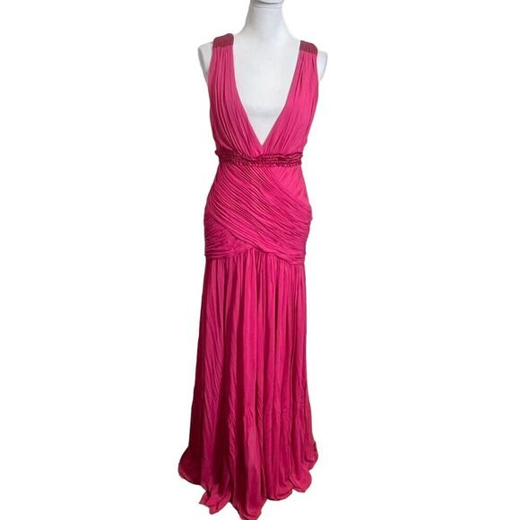 Amanda Wakeley Deep V Long Maxi Dress Pink Gown Women’s Size L Flawed - Picture 3 of 13